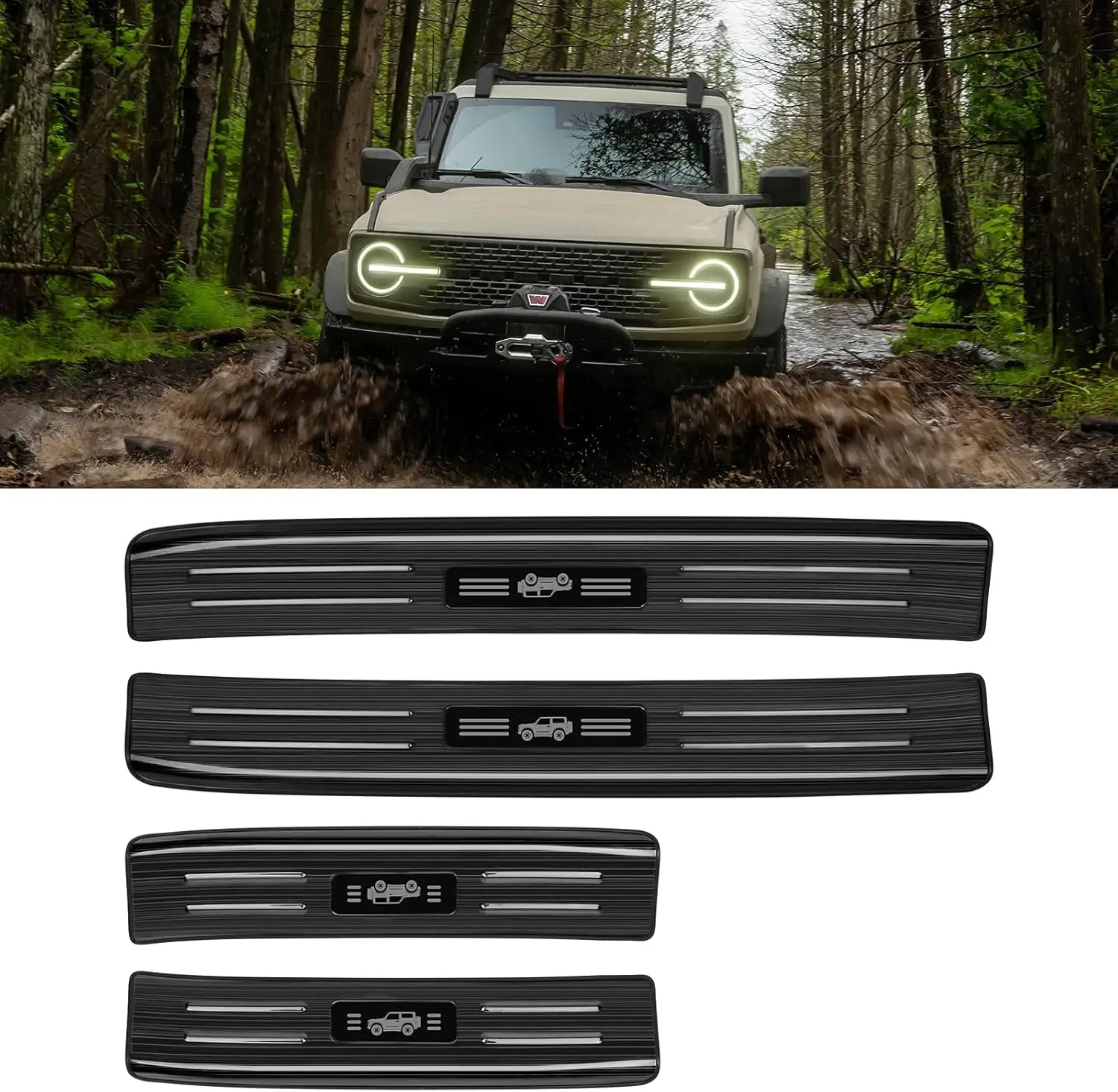 

Stainless Steel Door Sill Protector Compatible with Ford Bronco 2021-2024 2025 Accessories Black Brushed (Not for Bronco Sport)