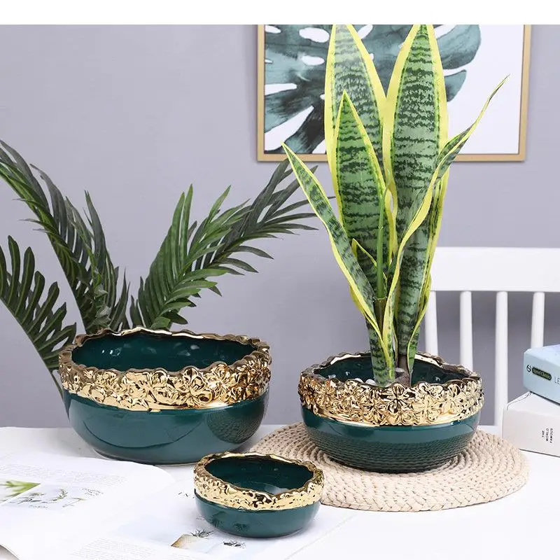 

Ceramic Flower Pot Simple Gold Border Desktop Flower Pot Succulent Flower Pot Green Plant Flower Pots Modern Home Decoration