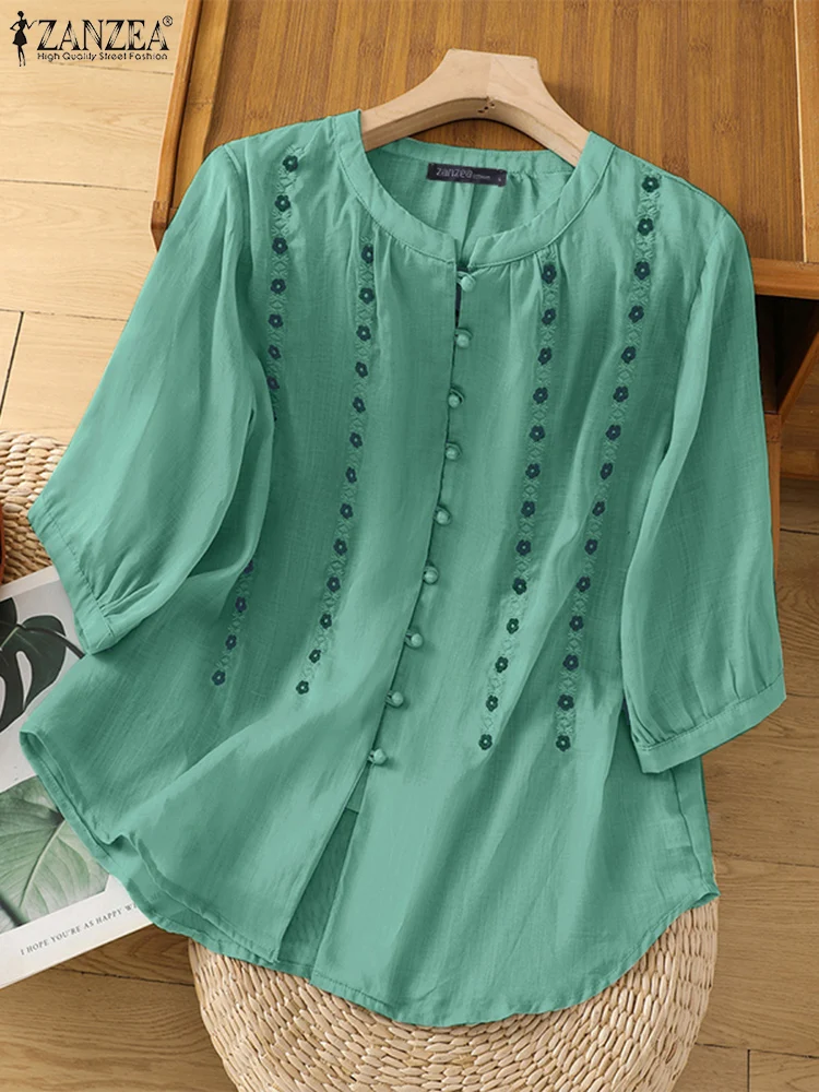 

2025 ZANZEA Summer Vintage Shirts Women Embroidery Floral Blouse Casual 3/4 Sleeve Work Blusas Female Chemise Holiday Tops Tunic