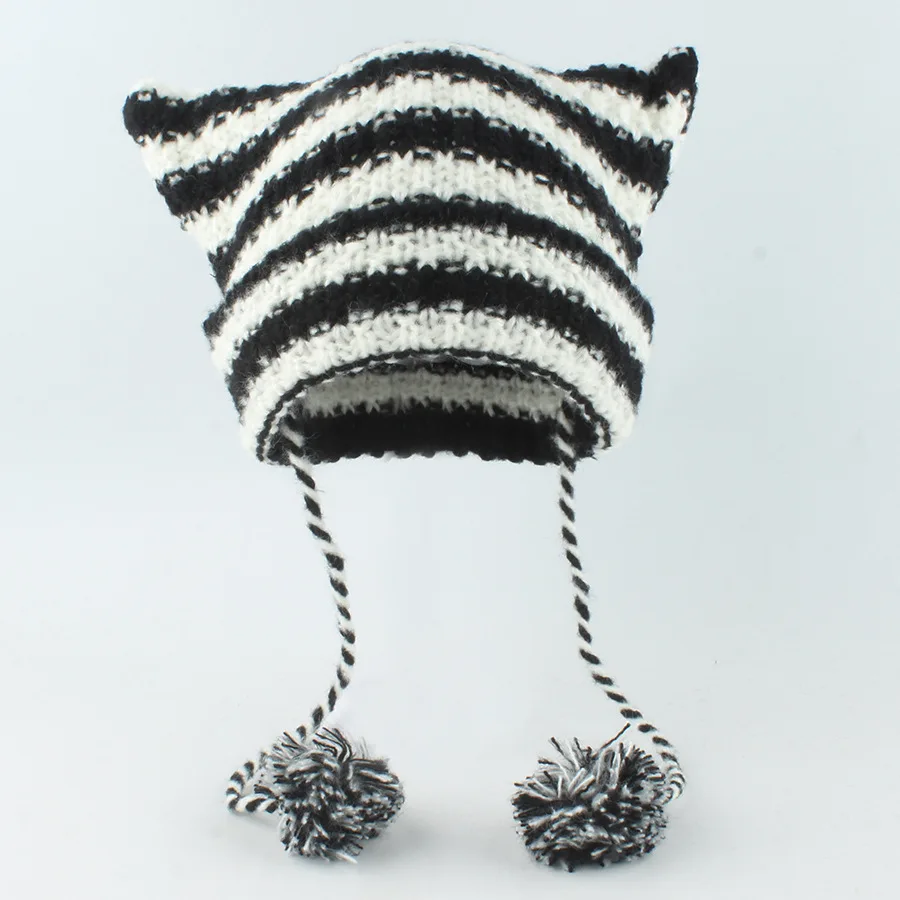 Japanese Y2K Cute Black White Striped Cat Ears Wool Hat Women Autumn Winter Warm Little Devil Hanging Ball Knitted Beanie Hat