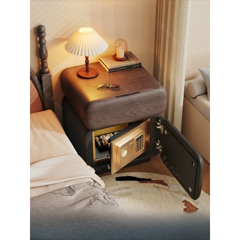 Vintage Wooden Nightstand Safe with Smart Fingerprint Lock, Mid-Century Compact Secure Storage Box for Bedroom, Home Office Desk