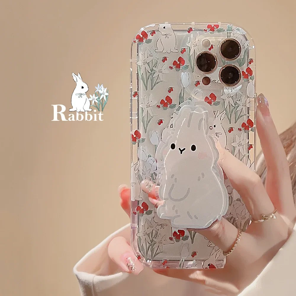 Retro garden Cranberry Cute rabbit Bracket transparent Phone case For iPhone 16 15 14 13 12 Pro Max 14 Plus case cartoon cover