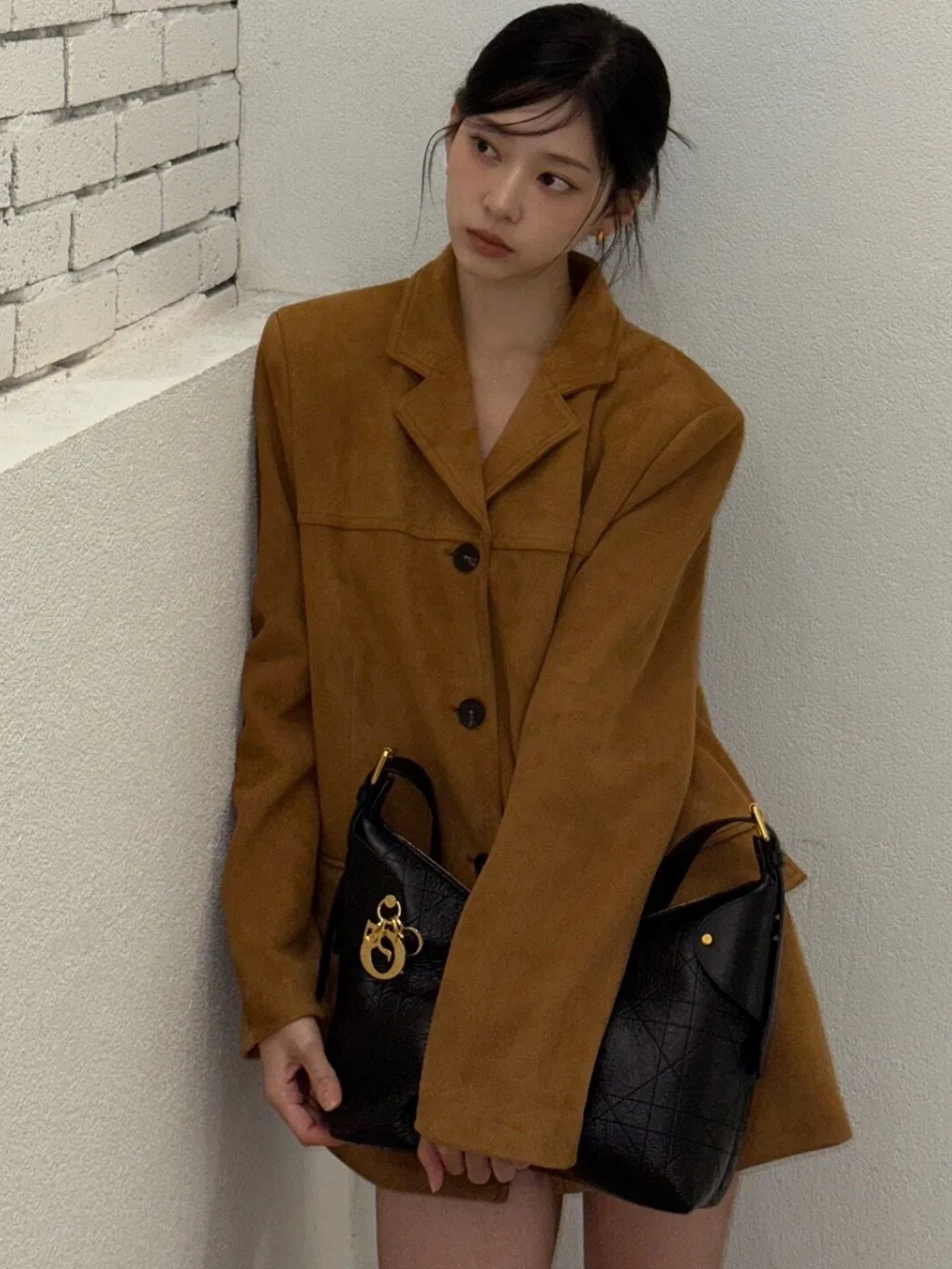 American Style Long Sleeve Coffee Color Deer Skin Velvet Suit Jacket Korean Ins Autumn Winter Retro Style Women's Short Coat