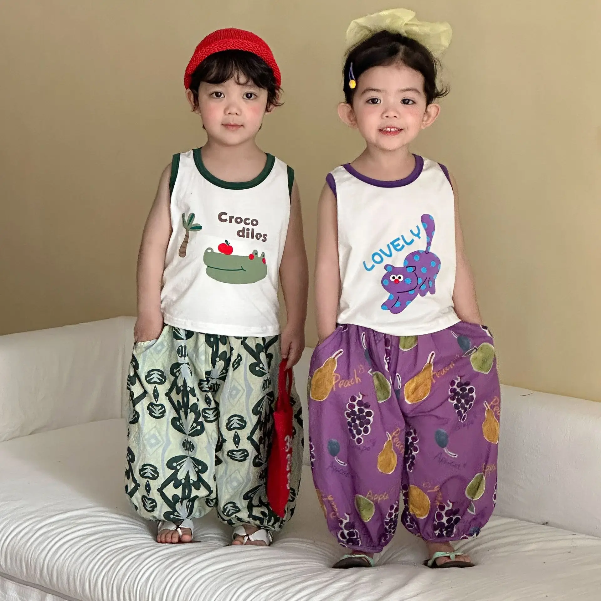 

2026 Summer New Children Sleeveless Casual Clothes Set Boys Girls Cotton Vest + Loose Trousers 2pcs Suit Toddler Outfits