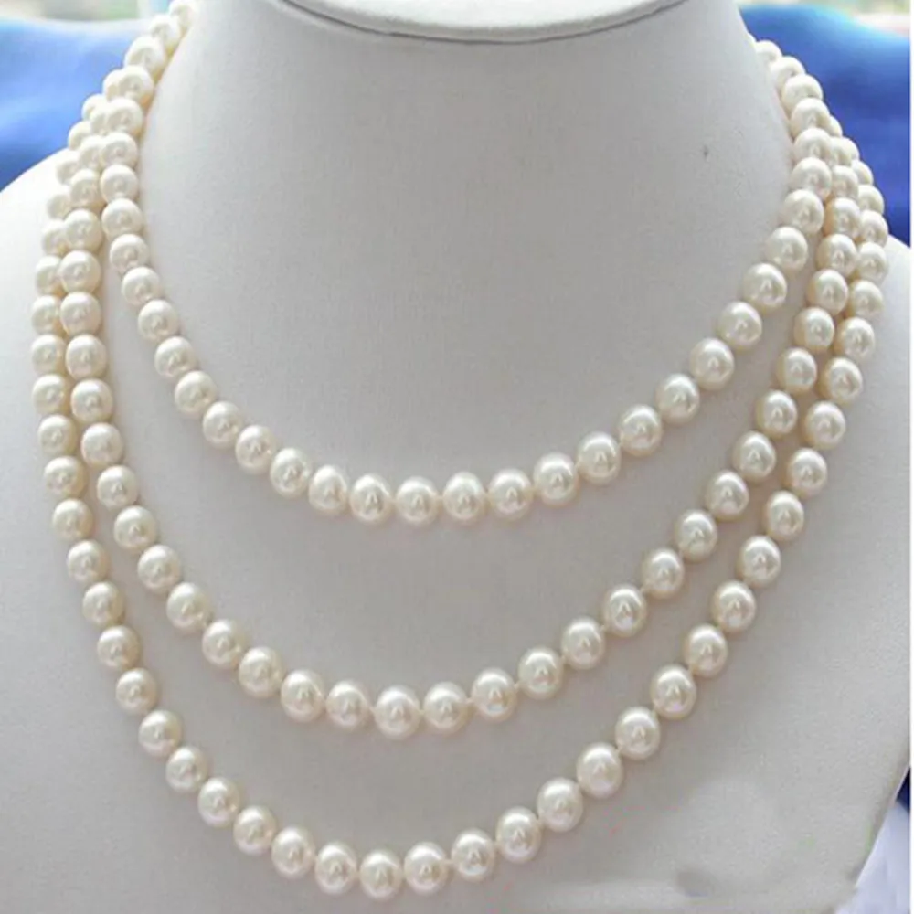 

Hand knotted necklace natural 7-8mm white freshwater pearl sweater chain nearly round pearl 50 inch