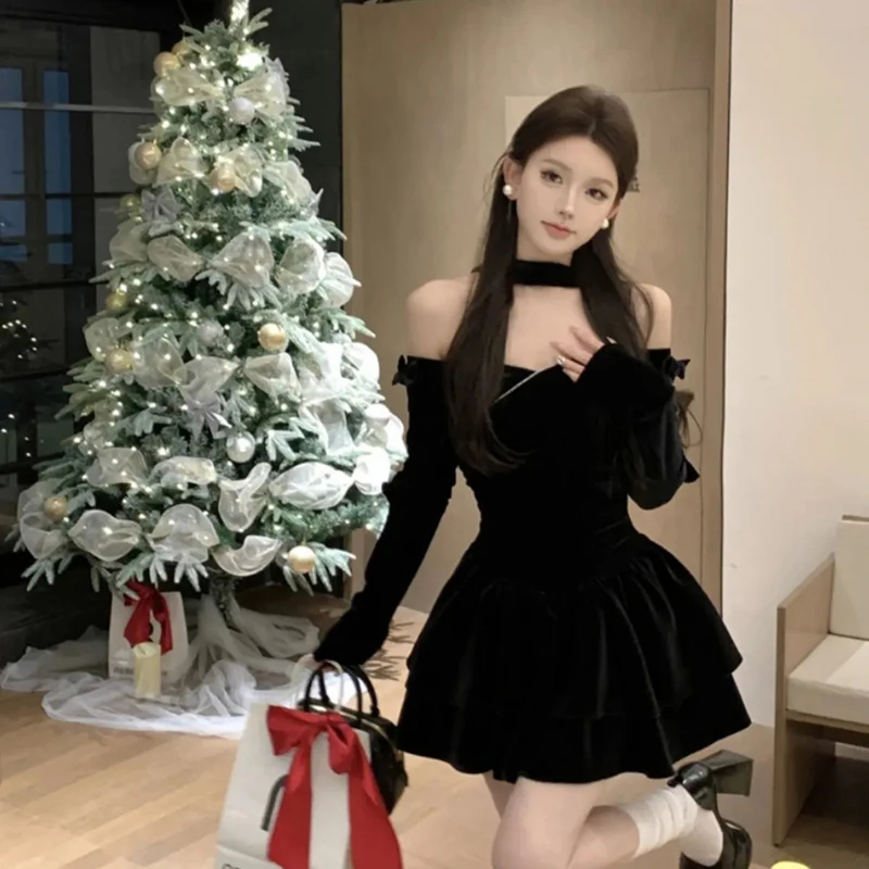 Slash neck veludo preto vestido preppy manga longa princesa magro em camadas vestido sexy sem alças aniversário festa de natal vestidos