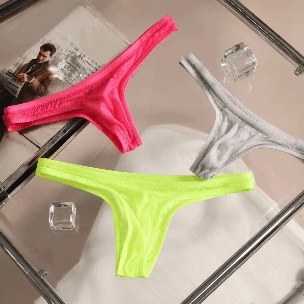 T-shaped Low Waist Ice Silk Thong Seamless Lingerie Triangle Underwear Transparent U Convex Pouch Men Mesh Panties Lingerie