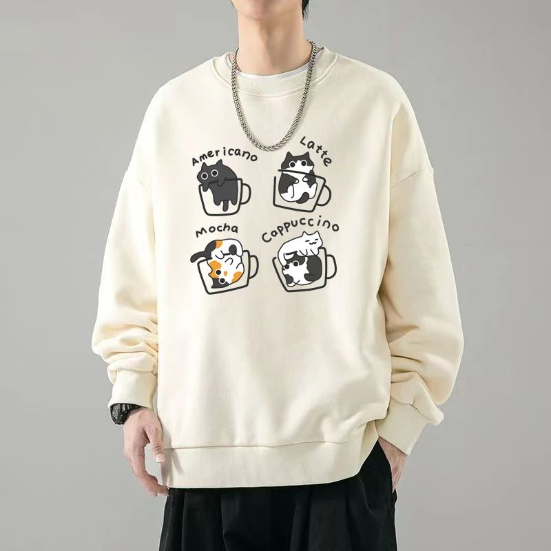 Novos gatos dos desenhos animados dos homens impresso sweatshirts cáqui o pescoço harajuku oversized topo solto outono manga longa camiseta roupas mas