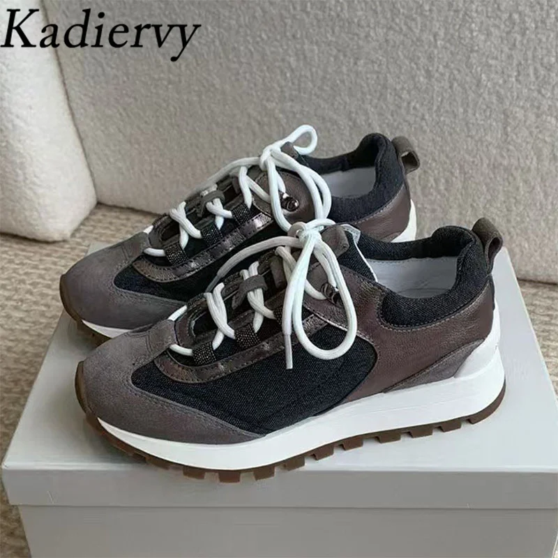 

High Quality Sneakers For Women Patchwork Casual Running Shoes Woman Round Toe Lace Up String Bead Flat Women's Sports Shoes