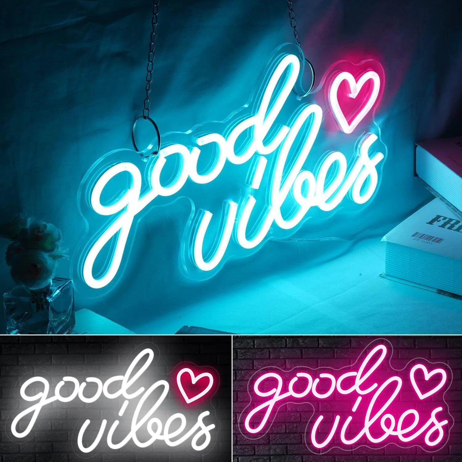 

Good Vibes Neon Sign Pink, Aesthetic LED Light for Wall Decor, Bedroom, College Dorm, Studio, USB Powered 3D Night Lamp for Birt