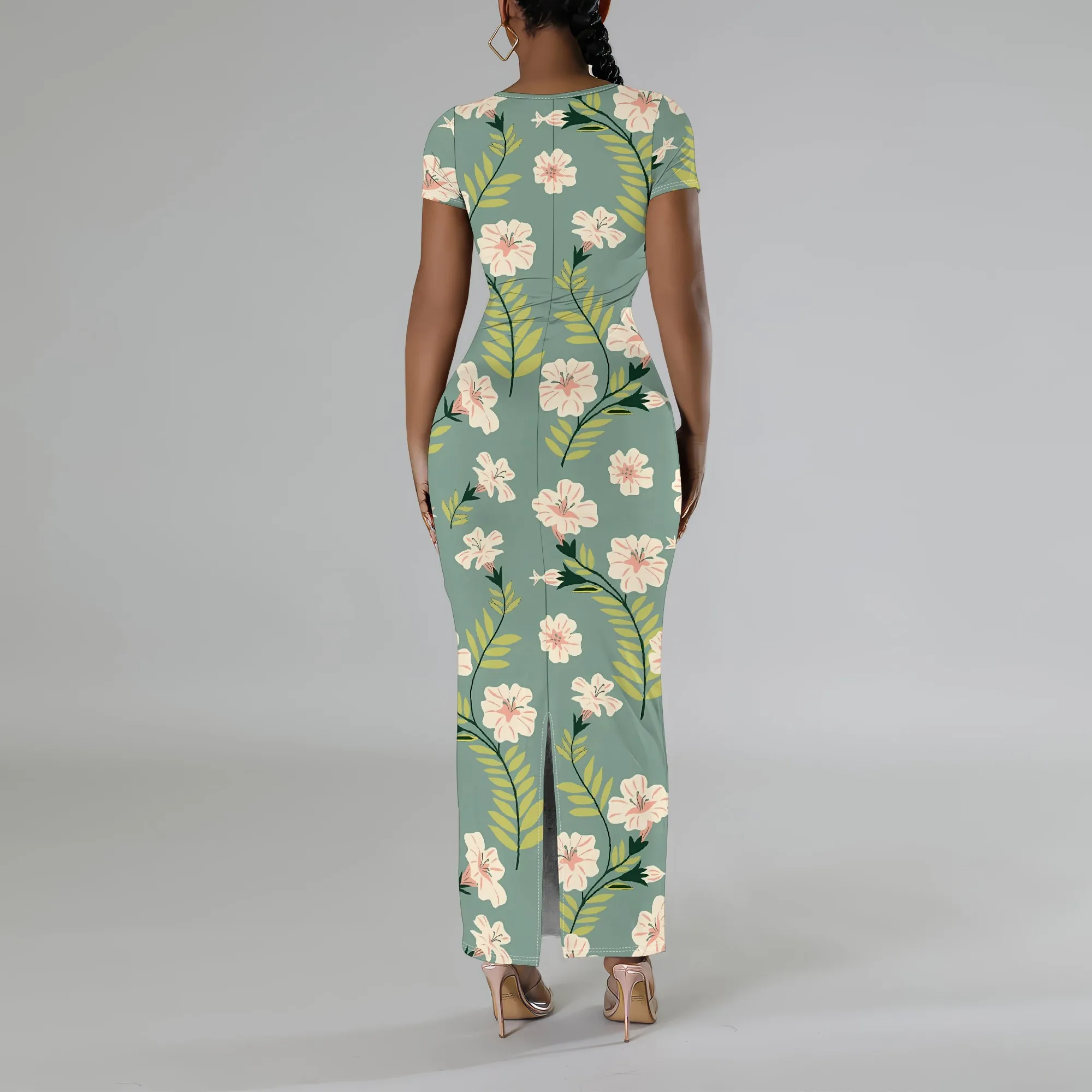 Nupusa Robe longue à imprimé floral pour femme Taille standard Robe moulante d'été décontractée à col carré et manches courtes