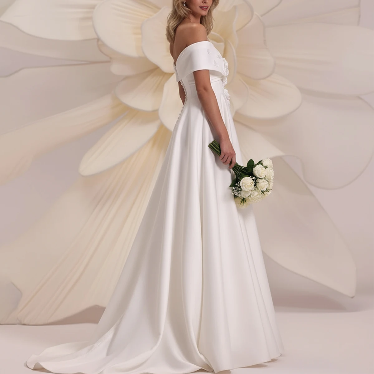 Elegant Vestidos Novia Flower Off Shoulder Wedding Dress Backless A Line Ball Gown With Train Satin Bridal Party Gown For Bride