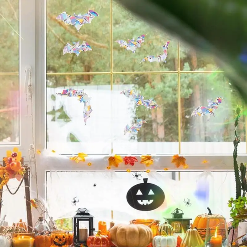 12pcs Halloween Bat Prismatic Window Sticker Halloween Bat Anti Collision Window Sticker Bats Window Decoration Accessories