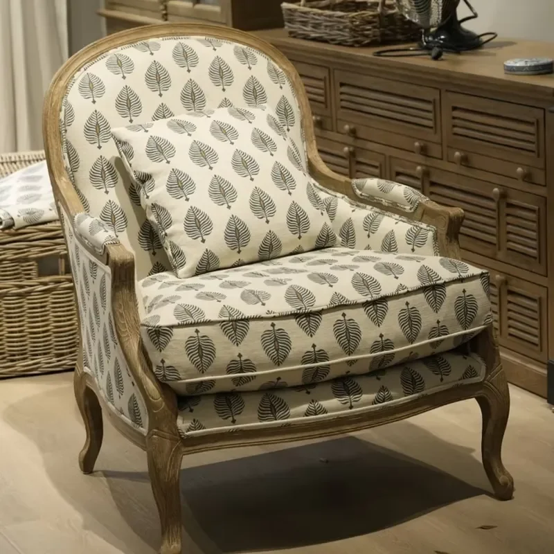 North European and American Style Rural Solid Wood Oak Linen Fabric Single Seat Sofa Chair Living Room Vintage Furniture