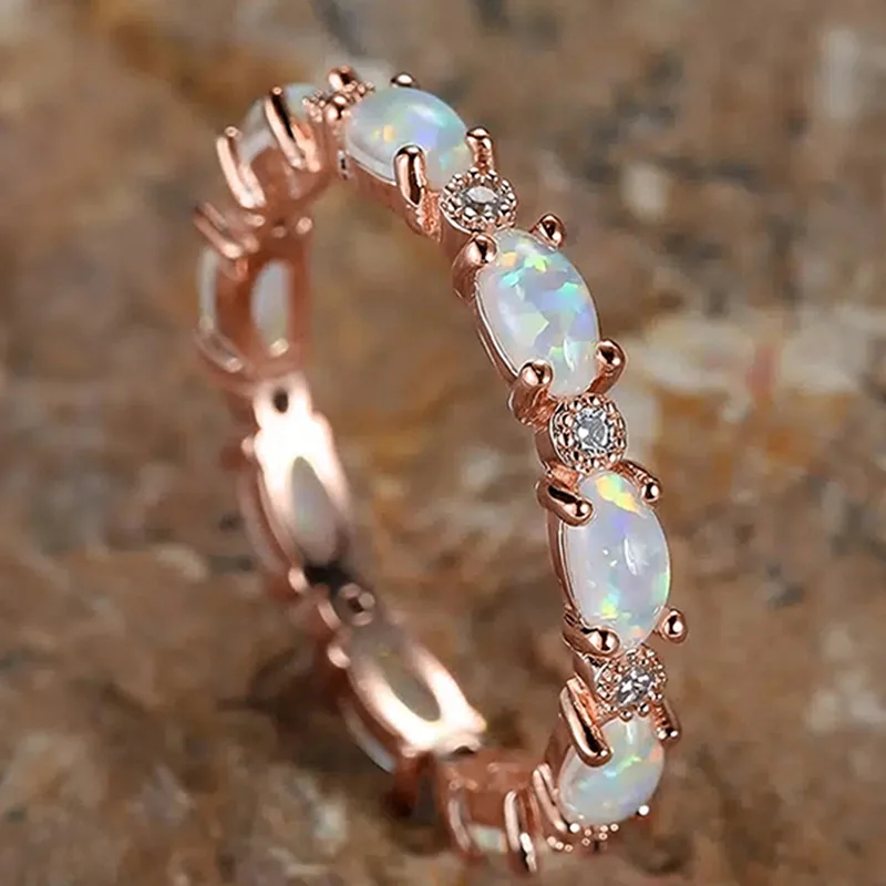Lihong 925 sterling silver ring small oval white fire opal stacked full circle ring for women engagement jewelry
