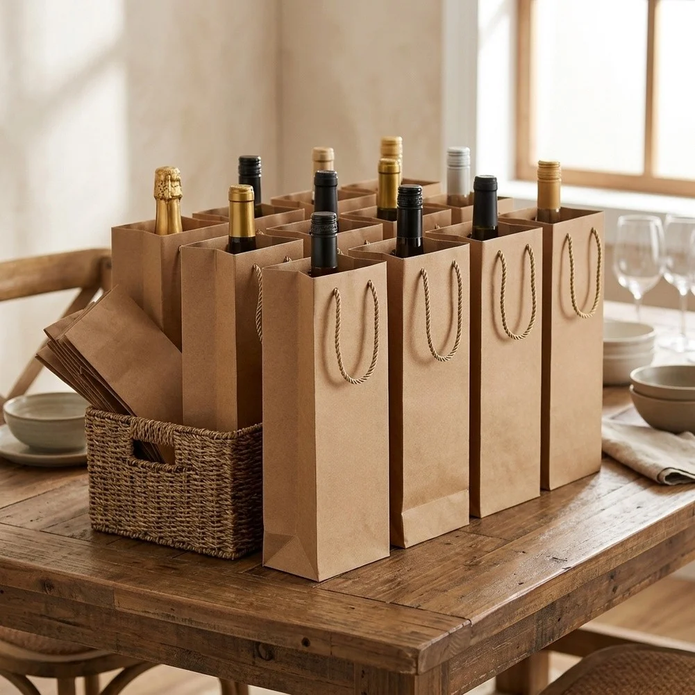 12 Pack Brown Cowhide Paper Wine Bags 35cm Reusable Pouches For Wedding Birthday Party Home Decor Display Easels
