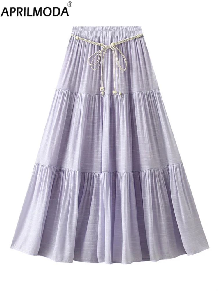 

2025 Autumn Women Linen-cotton Vintage Umbrella Midi Long Skirt High Waist A-Line Casual Flared Cake Korean Boho Holiday Skirts