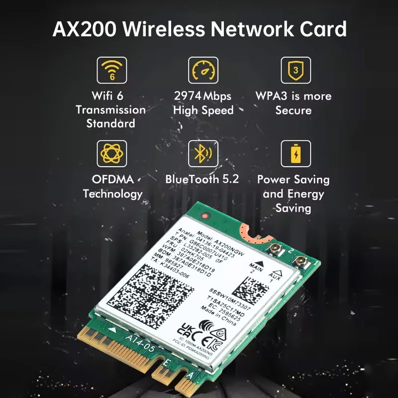 WiFi 6 AX200NGW M.2 WiFi Adapter Bluetooth 5.2 2400Mbps 802.11ax AX200NGW MU-MIMO BT5.2 2.4G/5Ghz WiFi6 Card Win 10 11/Linux