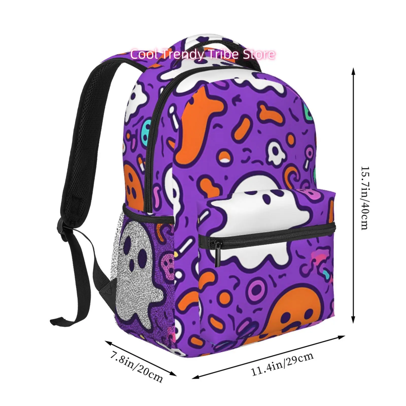 Purple Candy Doodle Ghost Colorful Halloween Travel Backpack, Large Capacity with Adjustable Shoulder Straps And Multiple Compar