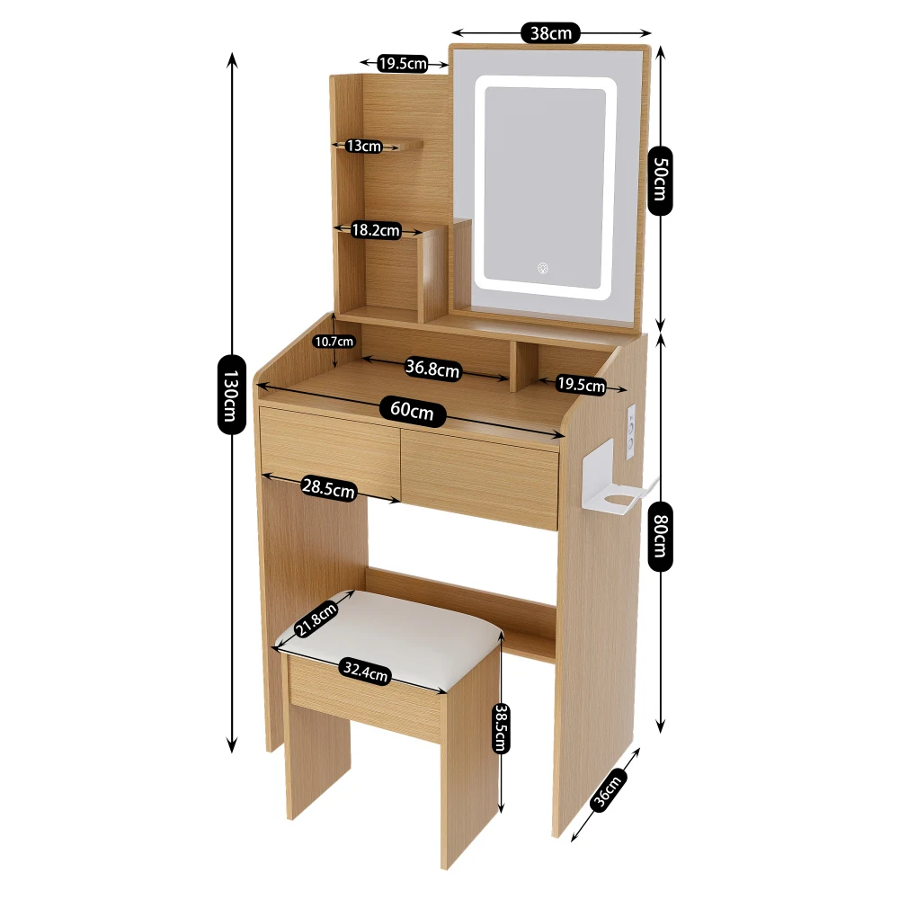 Coiffeuse LED avec miroir, tabouret rembourré, prise électrique, support pour sèche-cheveux, en bois, pour chambre à coucher et dortoir, 60x36x130 cm