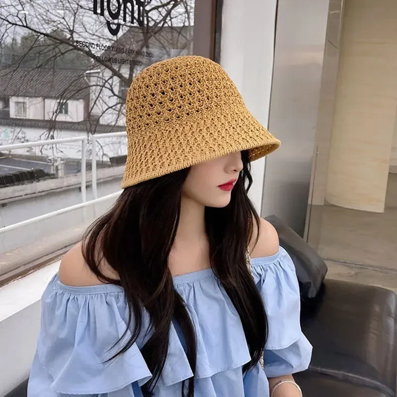 Handmade Crochet Floppy Summer Hats Collapsible Dome Bucket Hat Hollow Out Solid Color Beach Caps Simplicity Soft Women Hat