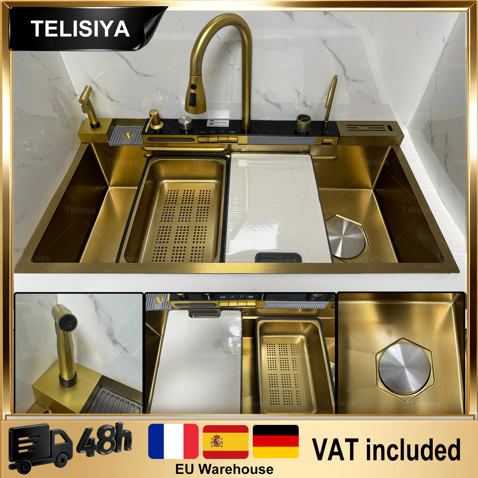

304 Stainless Steel Waterfall Kitchen Sink Modern Multifunctional Sinks Large Single Slot With Integrated Digital Display Faucet