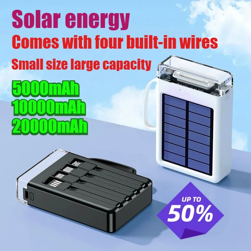 

20000mAh Solar Portable LED Light Power Bank with Built-in Cables for All Series of Smartphones