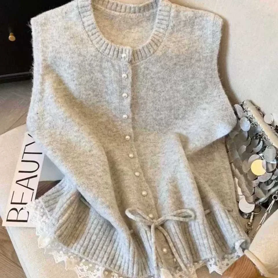Women Knit Vest Cardigan Lace Hem Sleeveless Sweater Tank Top Pearl Button Drawstring Waist Grey Knit Waistcoat Autumn Casual Ou