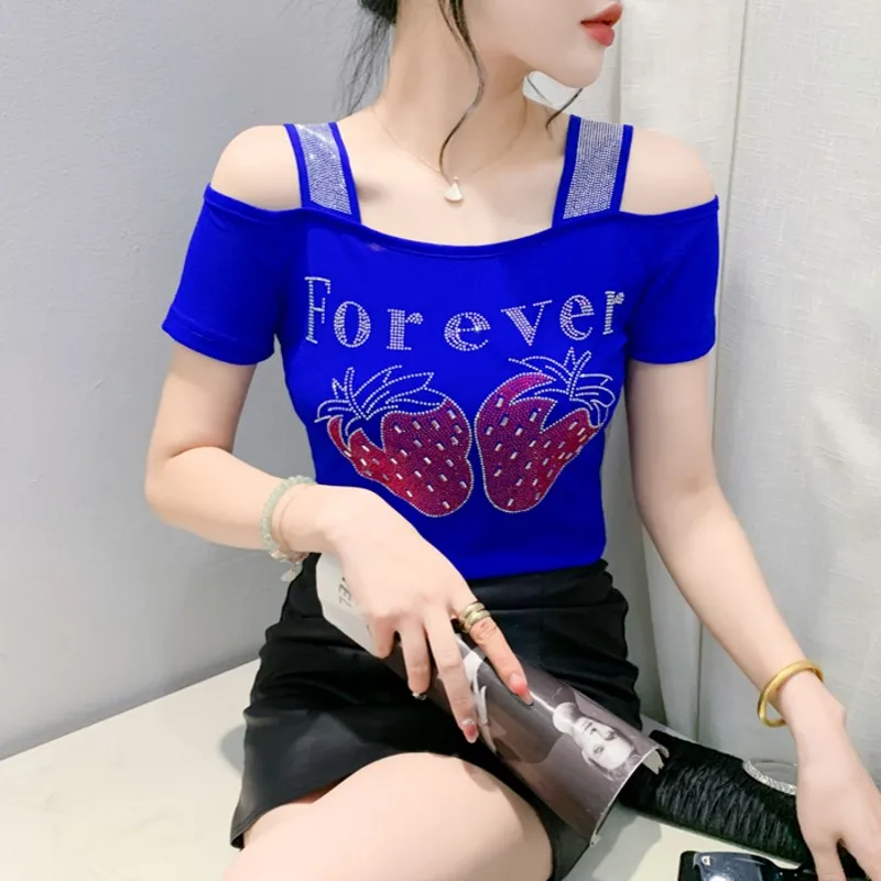 M-3XL Brand Strawberry Letter Design Sexy Off Shoulder Shiny Diamonds Women's T-Shirt High Quality Tees Tops Ladies Shirts