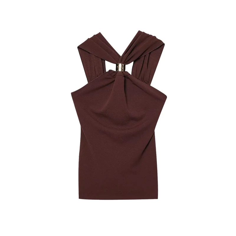 

Women's Blouse New Summer 2025 Brown halterneck knit top Gold embellished trim Slim and sexy Fashionable personality versatile