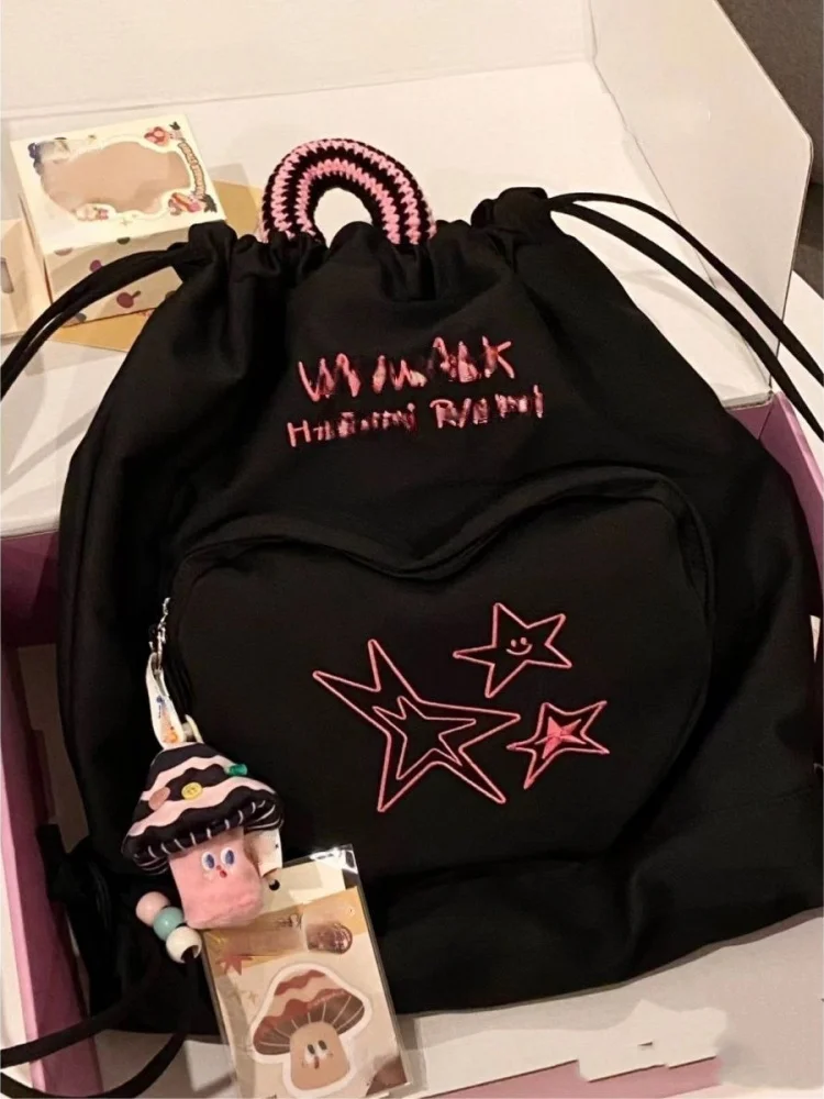 Korean Embroidery Stars Letters Backpack para mulheres, moda casual, Drawstring Travel Handbag, Designer Bag