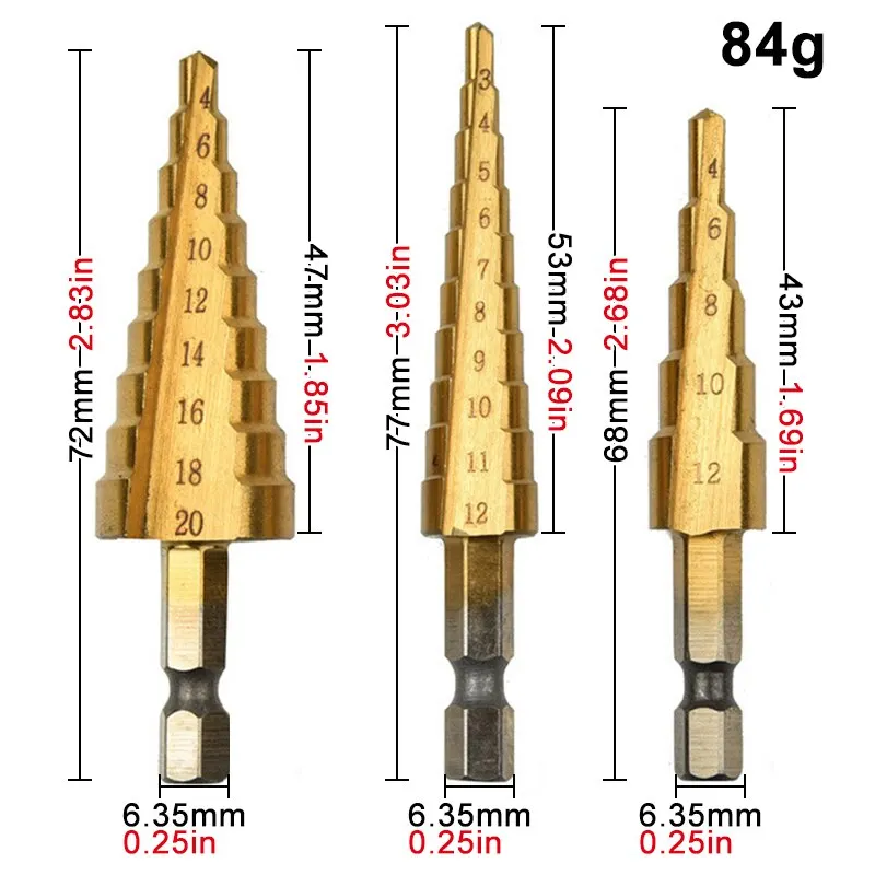 Hexagonal Shank Straight Slot Titanium Plated Ladder Drill 3-12/4-12/4-20mm Small 3PC Set Pagoda Drill Bit Drilling Tool