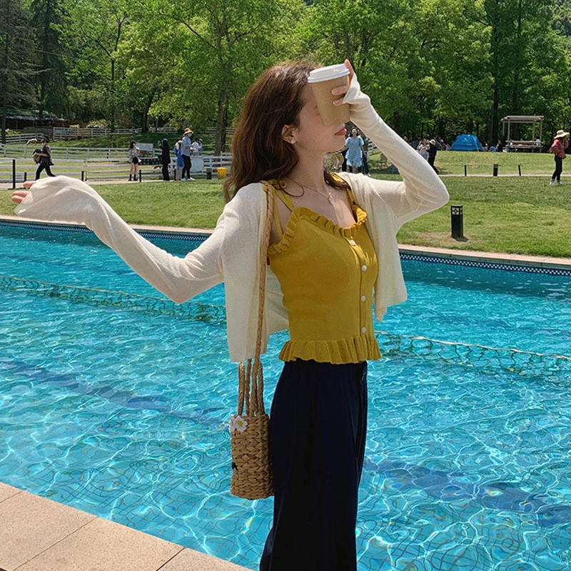 Ice Silk Knitted Summer Lightweight Short Cardigan Women's Sun Protection Outerwear Air Conditioning Black Cover up Top