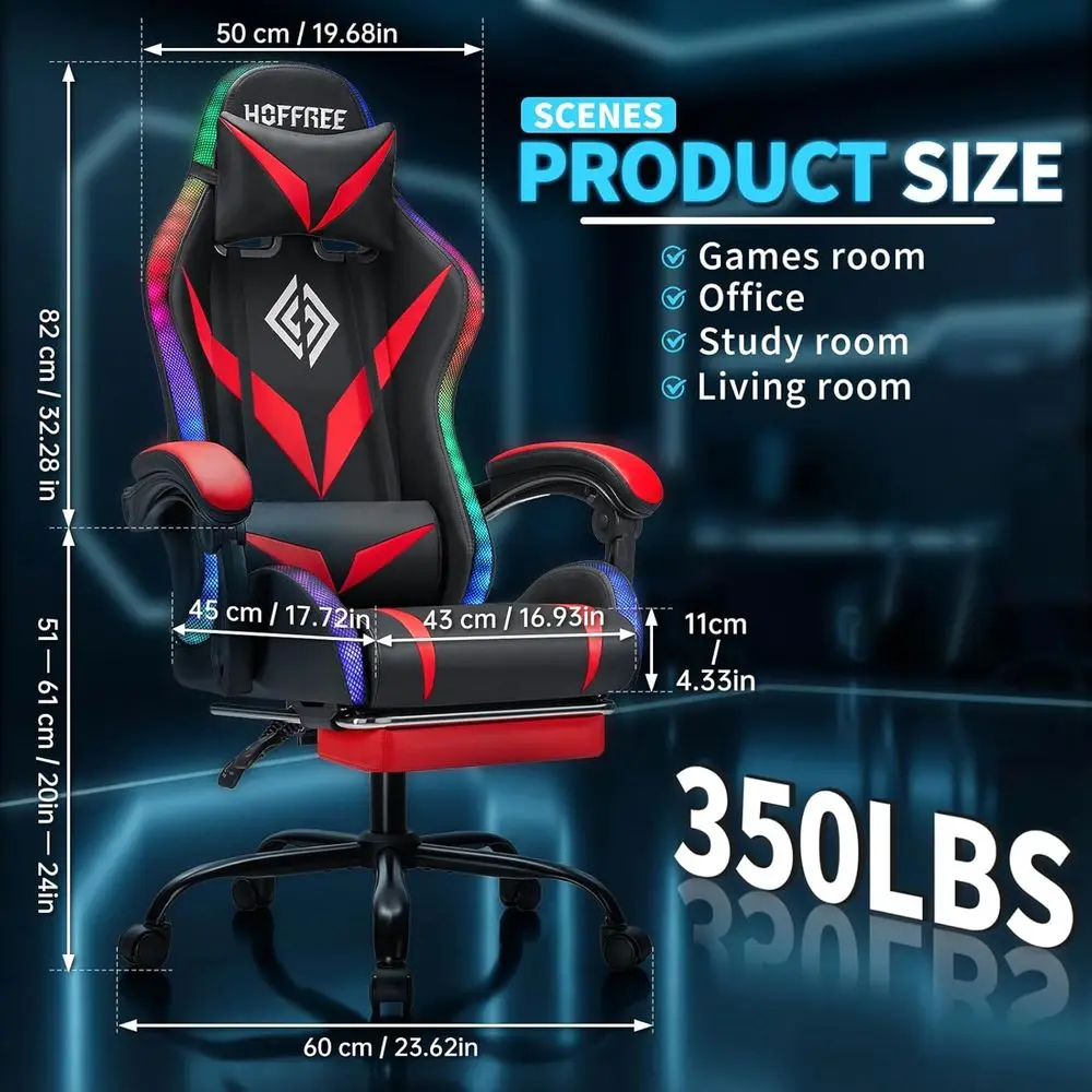 Ergonomic High-Back Gaming Chair with Massage, LED Lights, and Adjustable Lumbar Support - Red and Black view 3