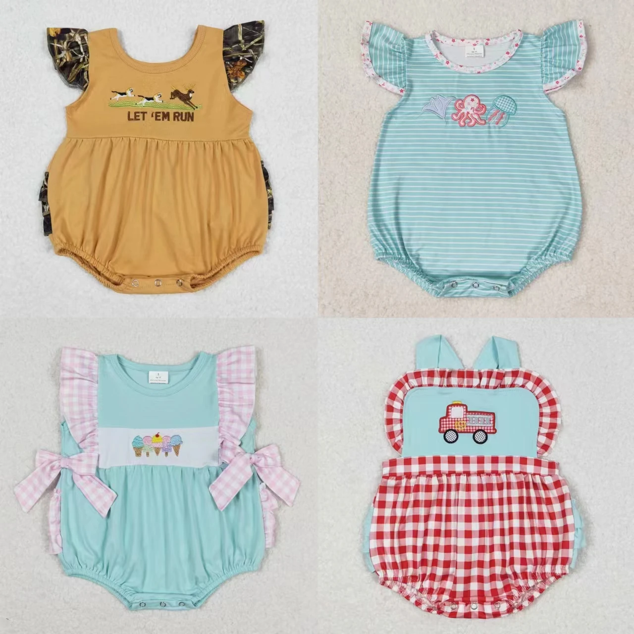 Wholesale Baby Girl Short Sleeves Jumpsuit Kids Summer Newborn Embroidery Romper Toddler Buttons Bubble One-piece Clothing