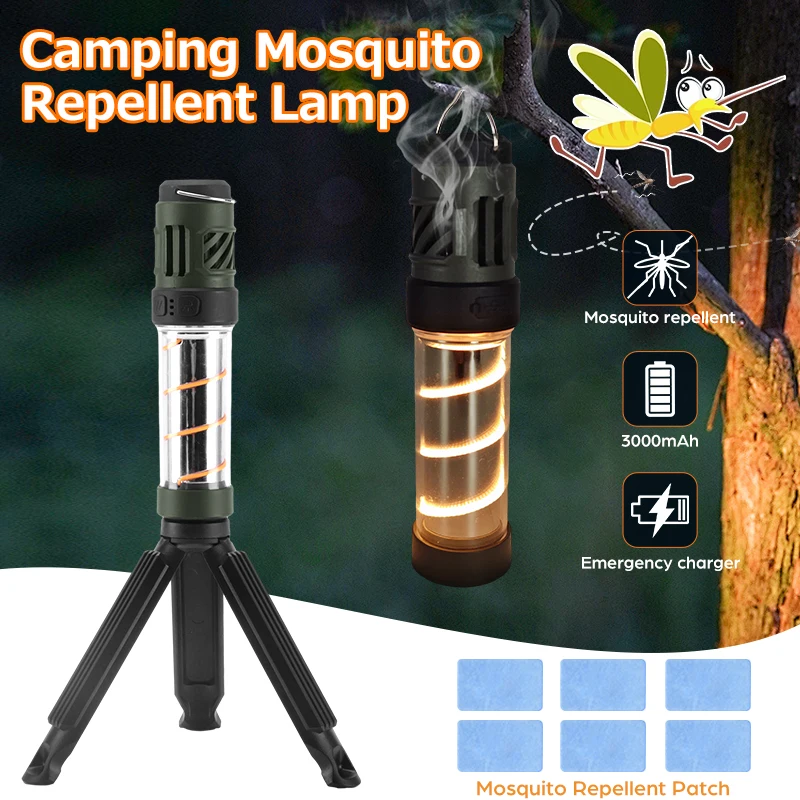 Lámpara repelente de mosquitos 3 en 1 para exteriores, linterna impermeable recargable para acampar con soporte triangular, lámpara de iluminación