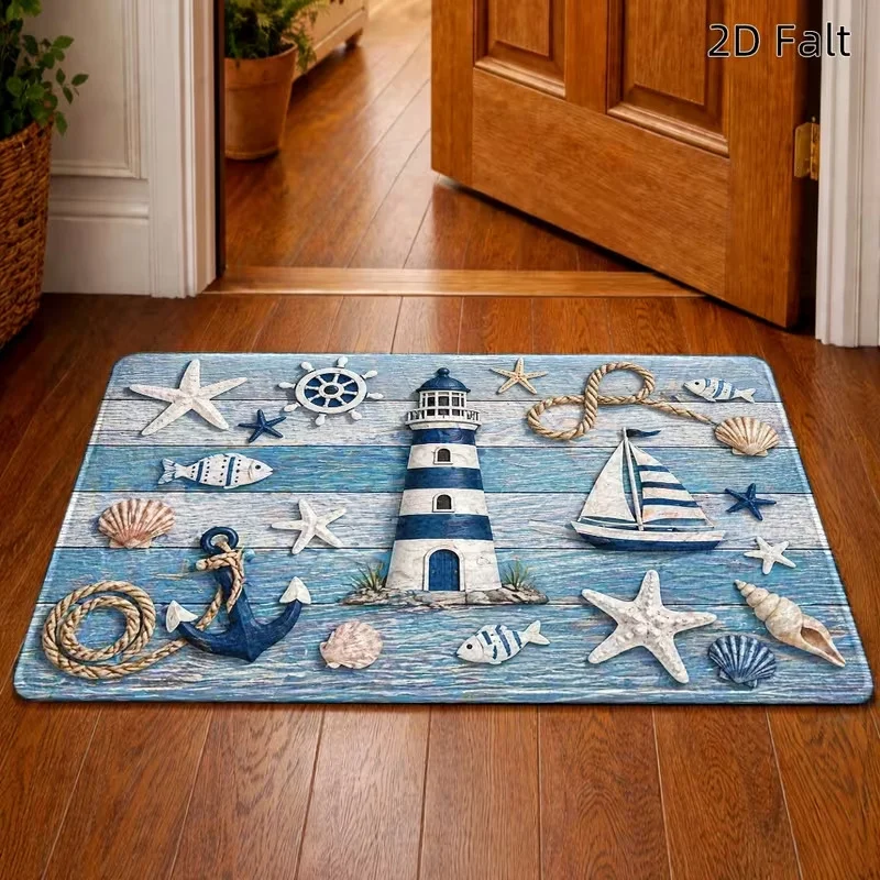 VIKAMA Nautical Doormat Blue White Wood Grain Print Lighthouse Anchor Ship Wheel Rug Non‑Slip Floor Mat For Entrance Home Decor