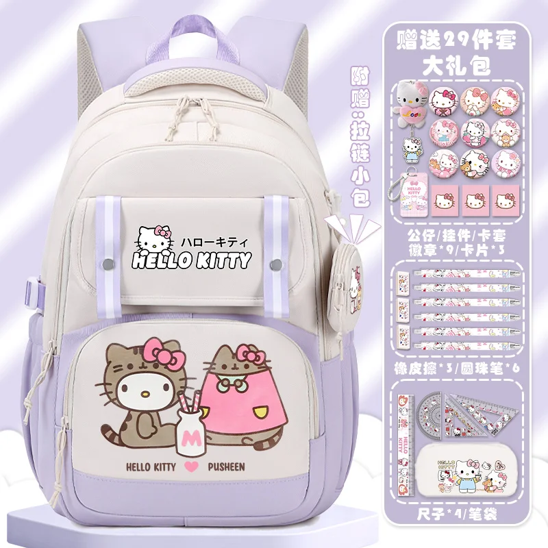 Sanurgente-Cartable étudiant Hello Kitty pour enfants, grande capacité, sac à dos de campus léger avec protection de la colonne vertébrale, nouveau