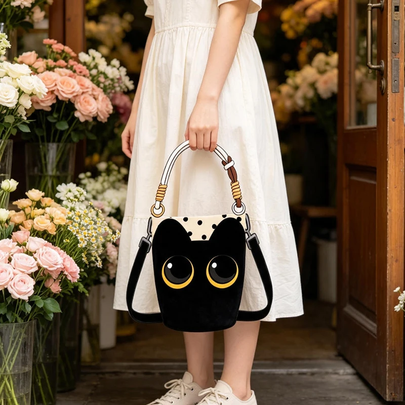 Gepunktete Cartoon-Katzen-Canvas-Umhängetasche, Niedliche Schwarze Kätzchen-Beuteltasche, Geräumige Casual-Shopper-Tragetasche – Detail 10
