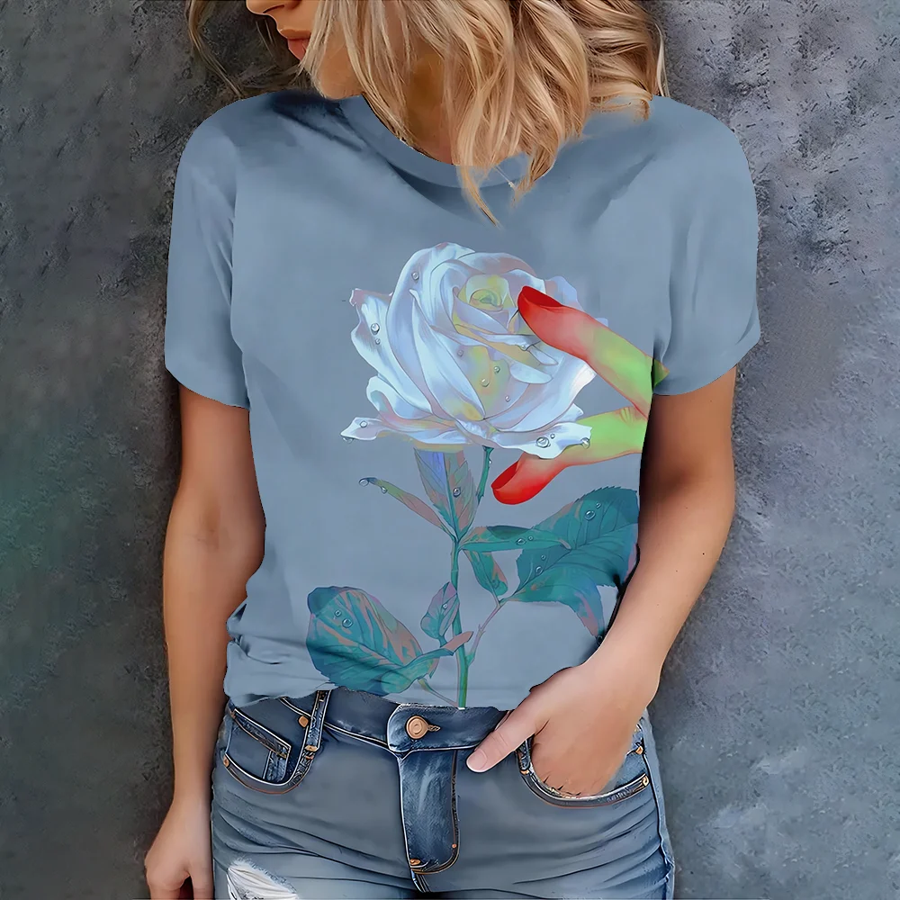 

Simple rose print pattern women's T-shirt casual short sleeved top women's fashionable clothing summer T-shirt