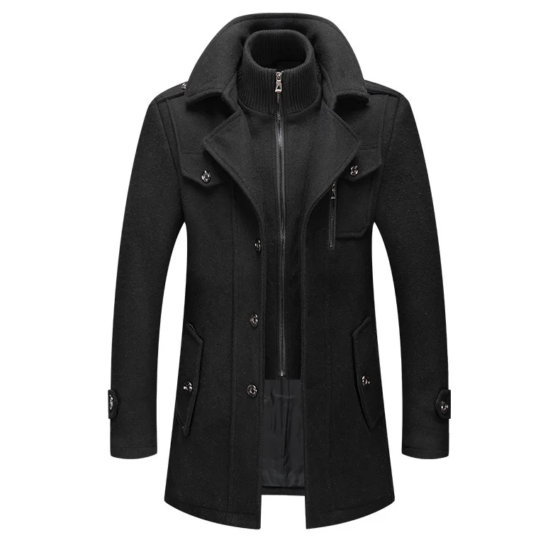 2024 Men's Woolen Coat Middle-aged Double Collar Autumn And Winter Warm Fashion Slim-fitting Woolen Men's Coat Pocket