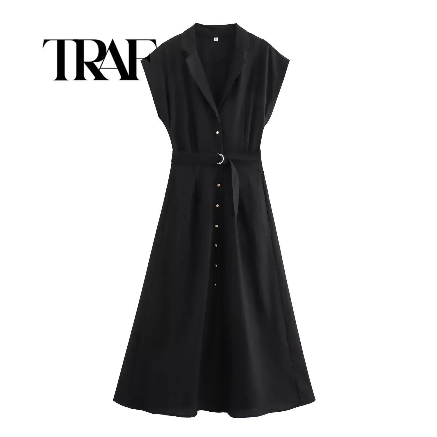 

TRAF Elegant Office Work Dress Women Lapel Neck Sleeveless Robe Solid Mid-calf Sundress Waist With Sashes Party Dress