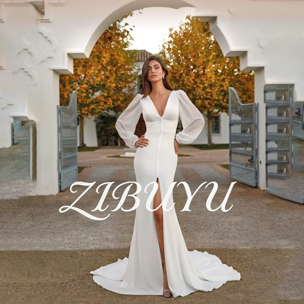 

ZIBUYU Customized Modern Wedding Dress V Neckline Long Puff Sleeves Ruched Bodice High Side Slit Open Back Mermaid Bridal Gowns
