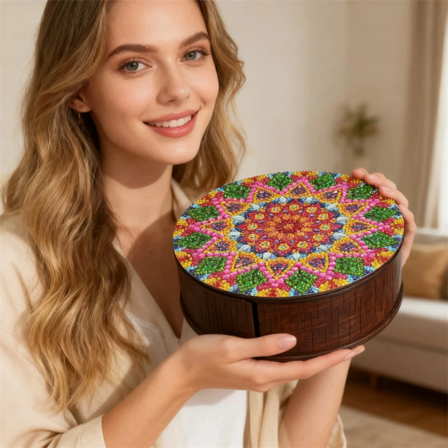 

Creative DIY Diamond Painting 2026 New Collection Wooden Box Round Mandala Storage Large Capacity Box Jewelry Case