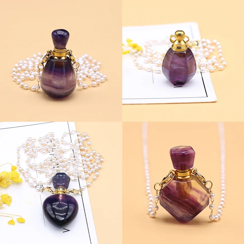 Natural Amethysts Perfume Bottle Pendant Necklace Pearl Chains Essential Oil Diffuser Agates Pendant Necklace For Women Jewerly