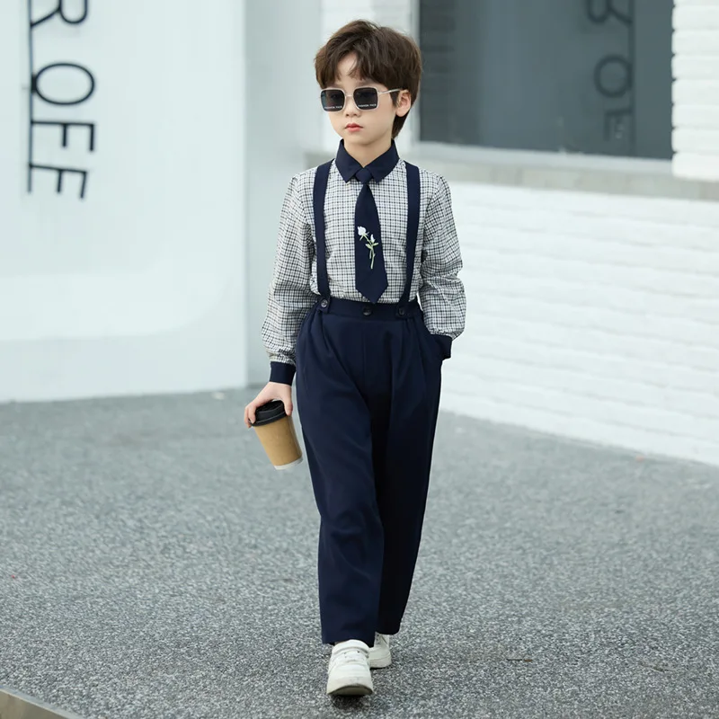 Elegant Boys Formal Suspender Outfit, Teen Kids Plaid Shirt Tie Pants Set, Children School Uniform/Wedding Guest Wear 3-14 Years