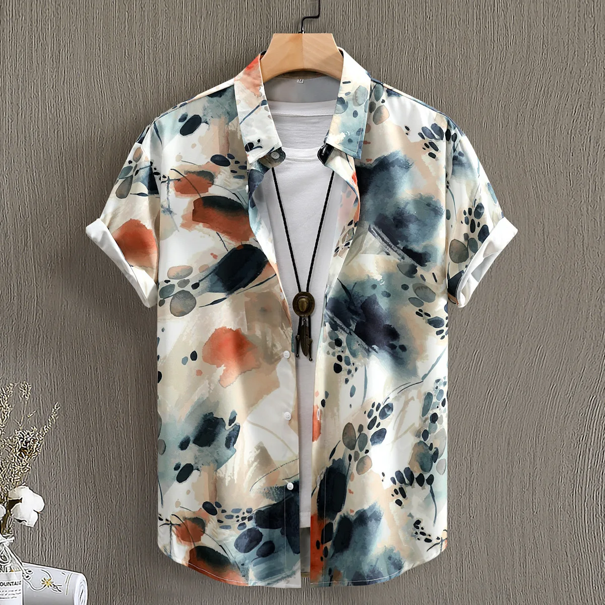 Summer men\'s casual shirts Chinese style ink painting 3D digital printing men\'s large size lapel short-sleeved shirts four-sided