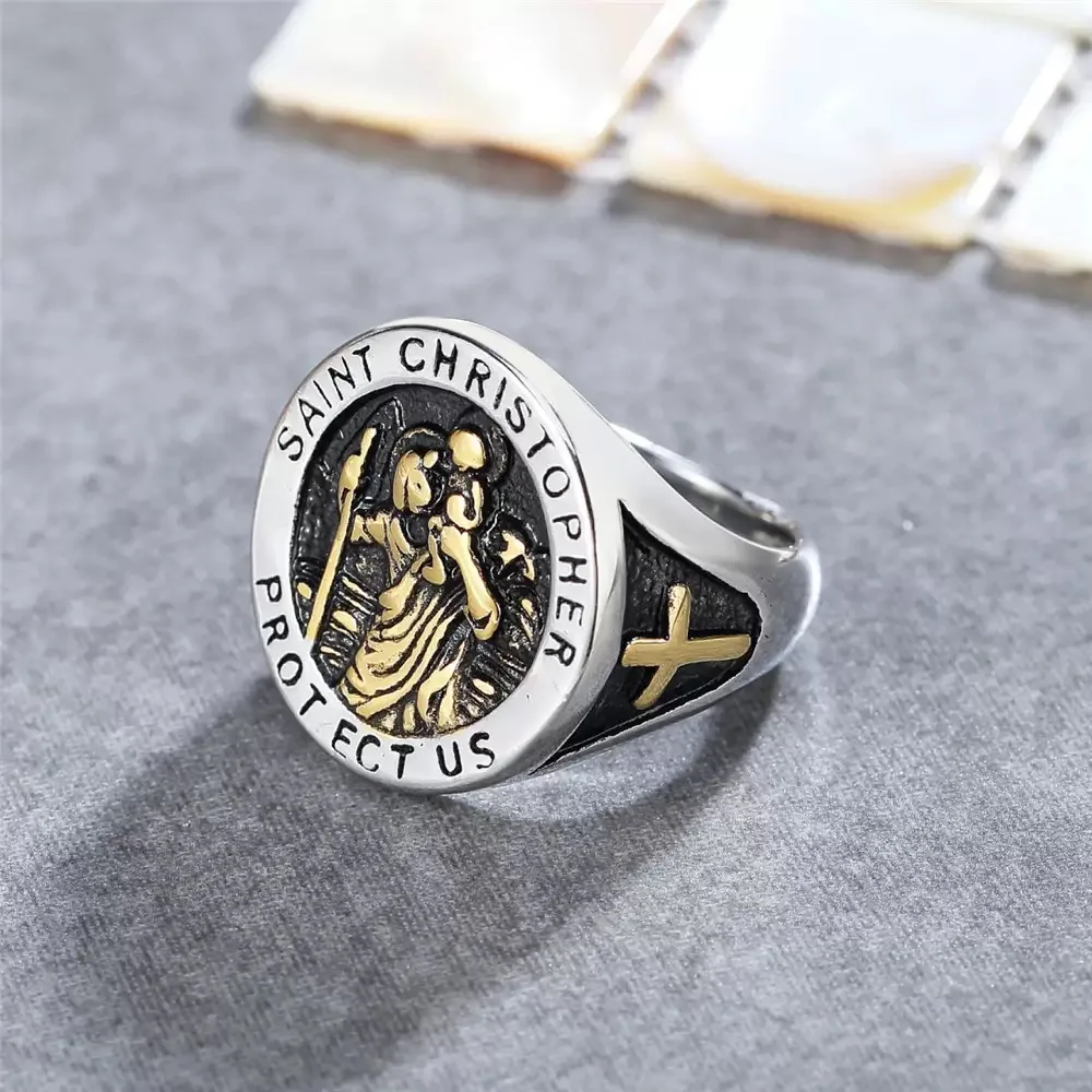 Golden Cross Solid Ring 316L Stainless Steel Jewelry Saint Christopher Protect Us Rings