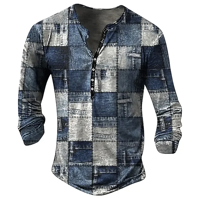 Patchwork Vintage Men\'s T Shirt Cotton T Shirt Plaid Printed T Shirt Long Sleeve Hennessy Shirt Oversized Men\'s Tops T Shirt