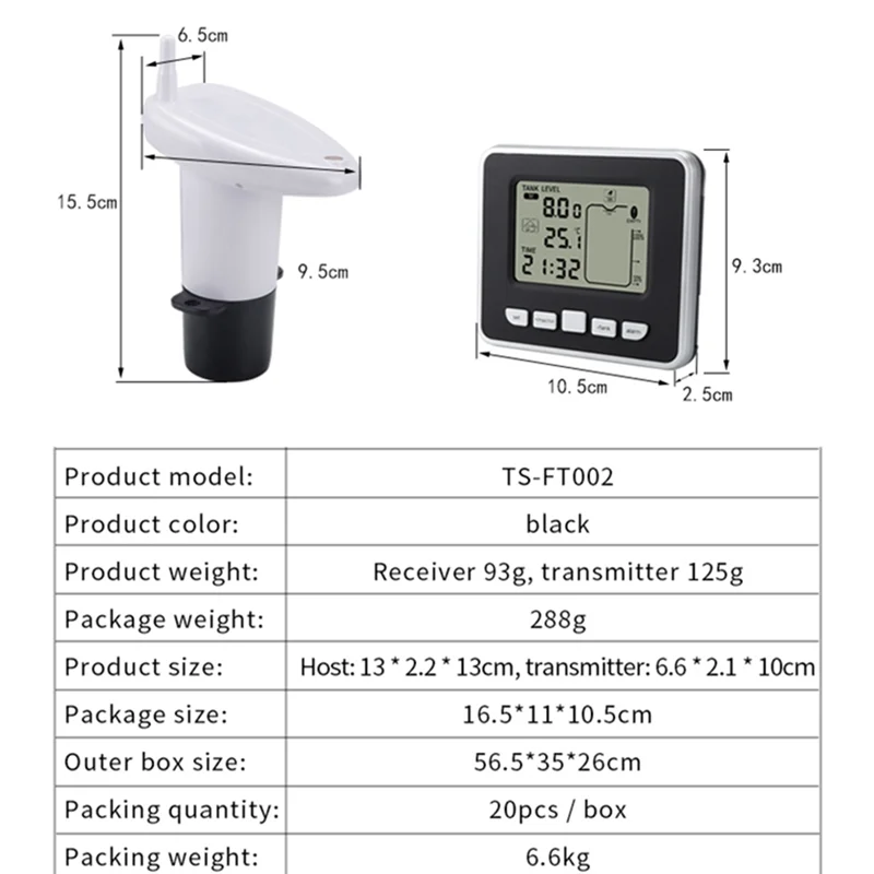 Wireless Ultrasonic Water Tank Liquid Level Meter with Temperature Sensor Water Level Time Display Low Battery Indicator